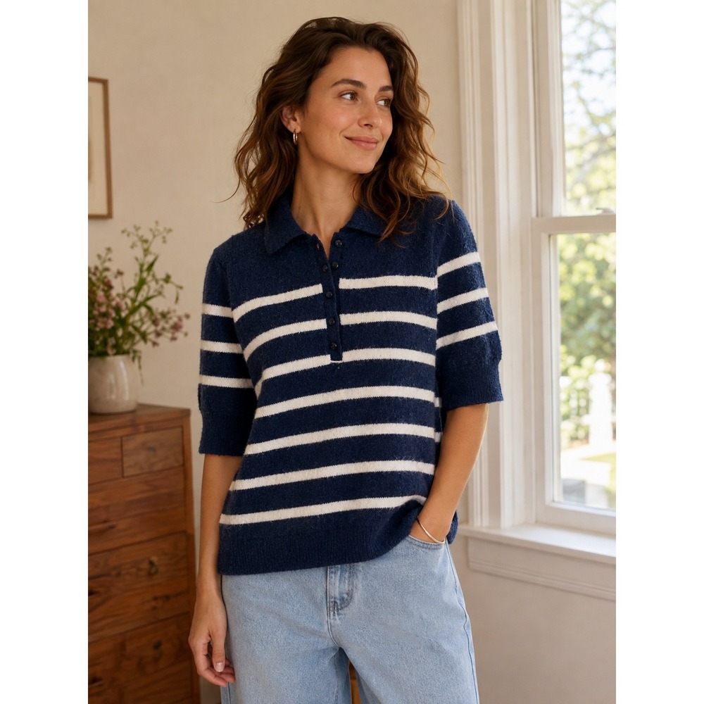 LC Lauren Conrad Navy Blue Striped Knit Polo Sweater Top Womens Medium
